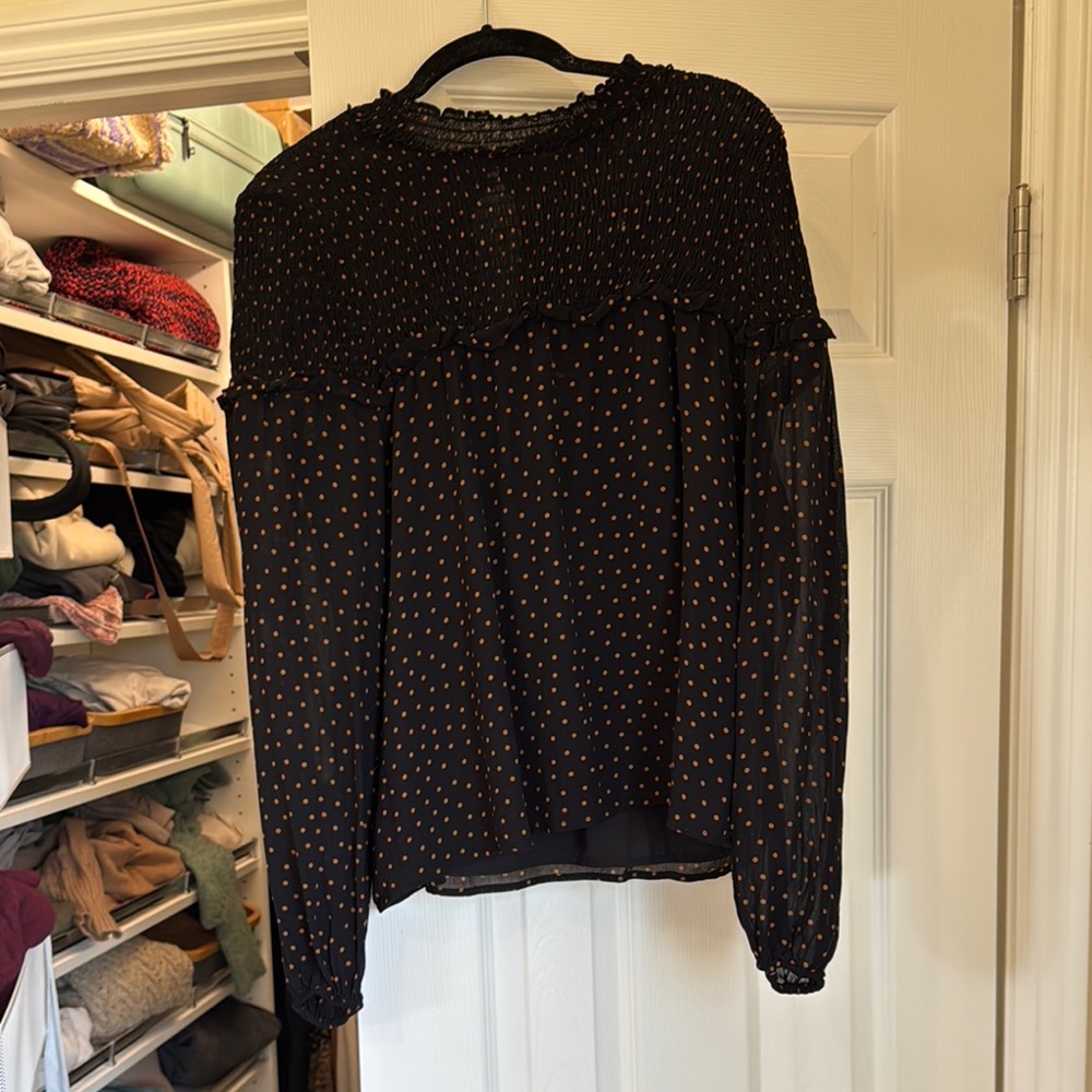 Black Ruffled Long Sleeve Blouse with Tan Polka Dots